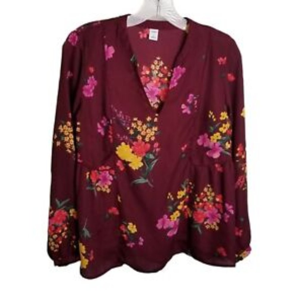 Old Navy Women Top Small Red Floral Blouse Balloon Long Sleeve V Neck Semi-sheer